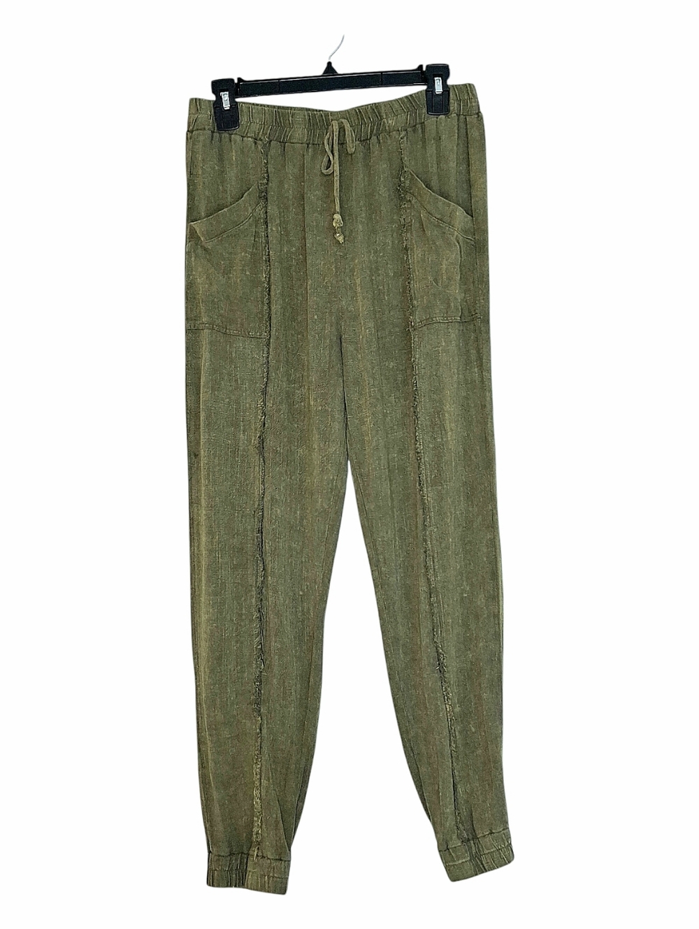 Umgee Linen Blend Mineral Wash Fray Hem Jogger Pants Sz Med Olive Green